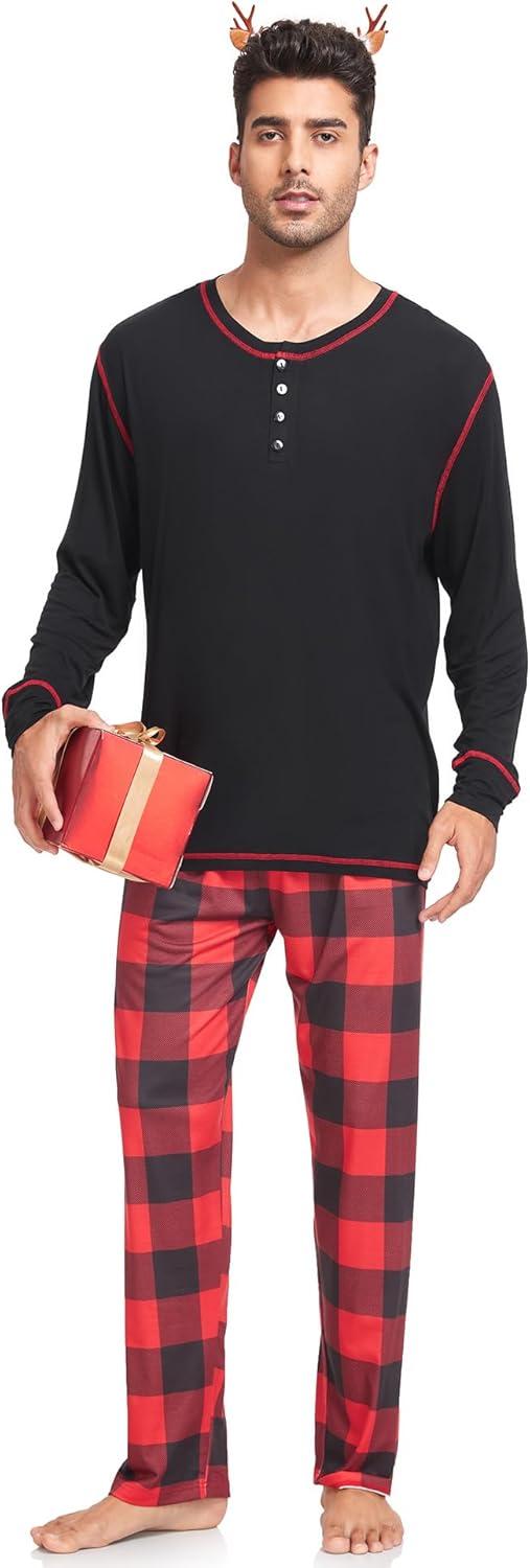 imageSWOMOG Couple Christmas Pajamas MEN amp WOMEN Pjs Long Sleeve Top amp Plaid Bottom Soft Sleepwear LoungewearBlack Red Plaid