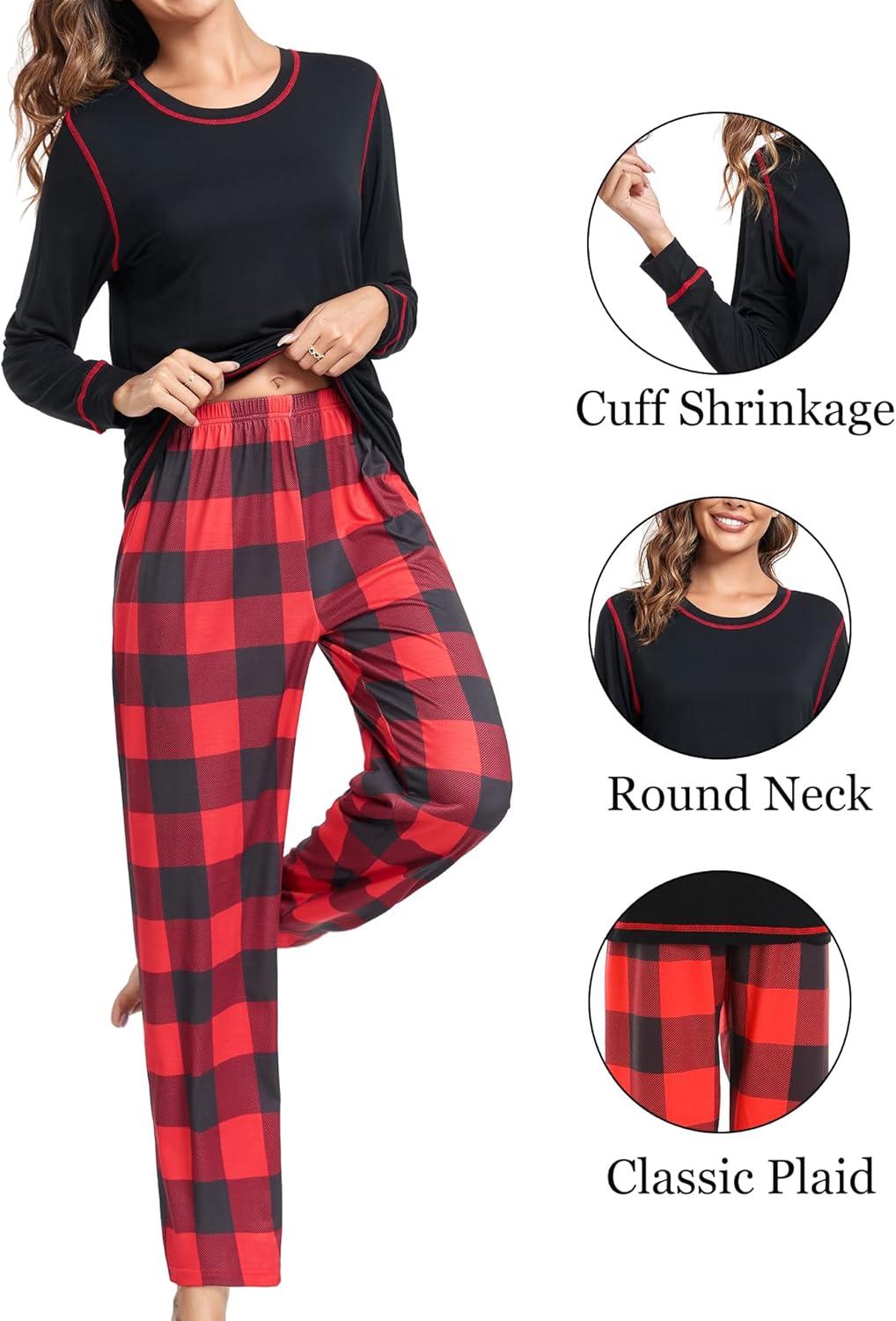 imageSWOMOG Couple Christmas Pajamas MEN amp WOMEN Pjs Long Sleeve Top amp Plaid Bottom Soft Sleepwear LoungewearBlack Red Plaid