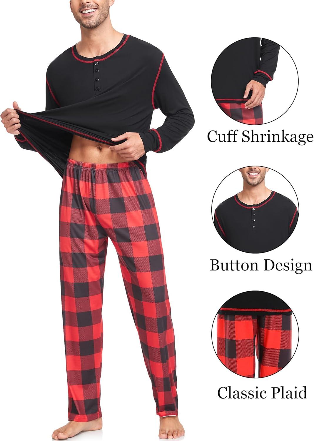 imageSWOMOG Couple Christmas Pajamas MEN amp WOMEN Pjs Long Sleeve Top amp Plaid Bottom Soft Sleepwear LoungewearBlack Red Plaid