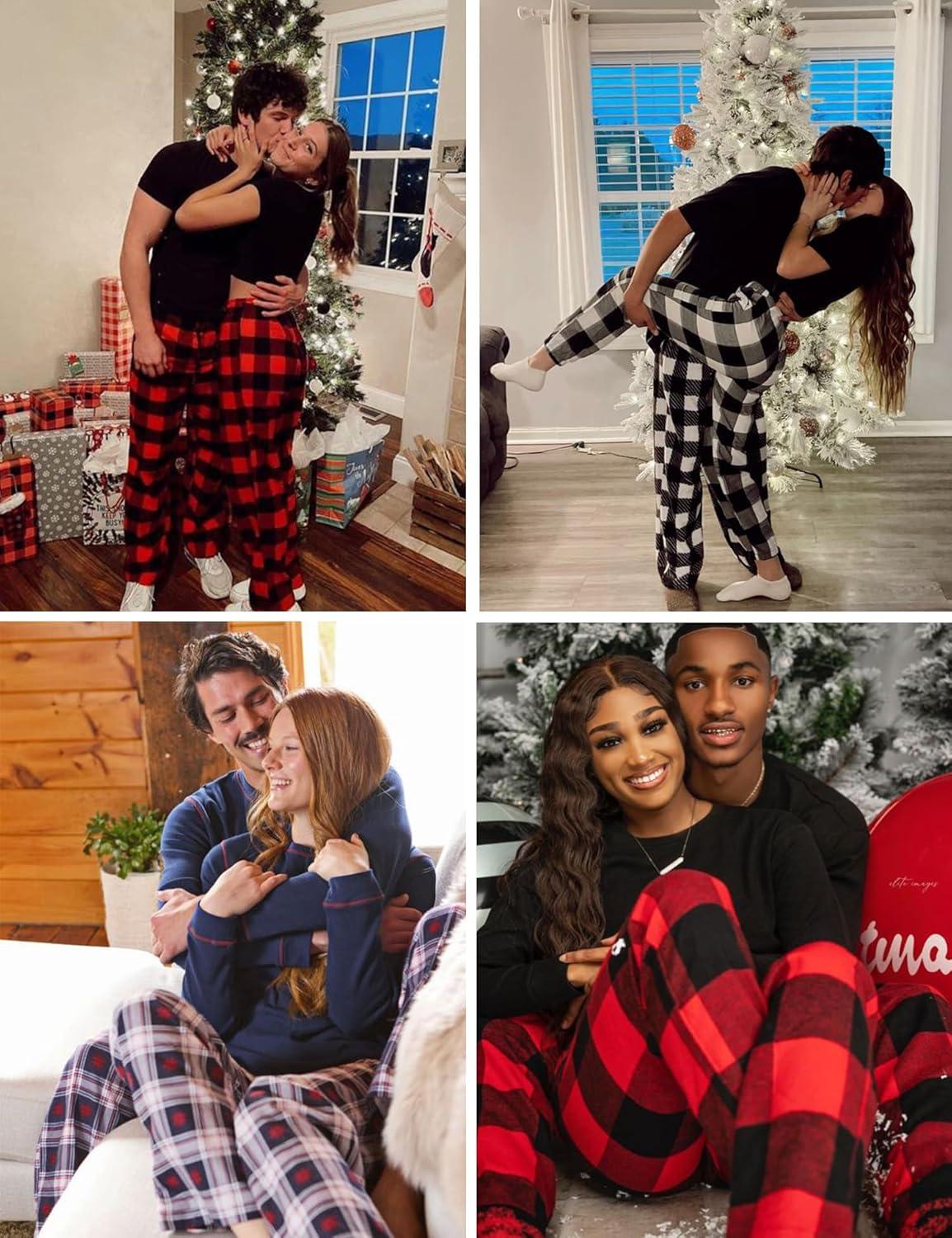 imageSWOMOG Couple Christmas Pajamas MEN amp WOMEN Pjs Long Sleeve Top amp Plaid Bottom Soft Sleepwear LoungewearBlack White
