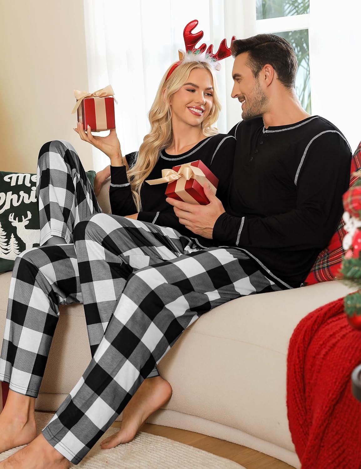 imageSWOMOG Couple Christmas Pajamas MEN amp WOMEN Pjs Long Sleeve Top amp Plaid Bottom Soft Sleepwear LoungewearBlack White