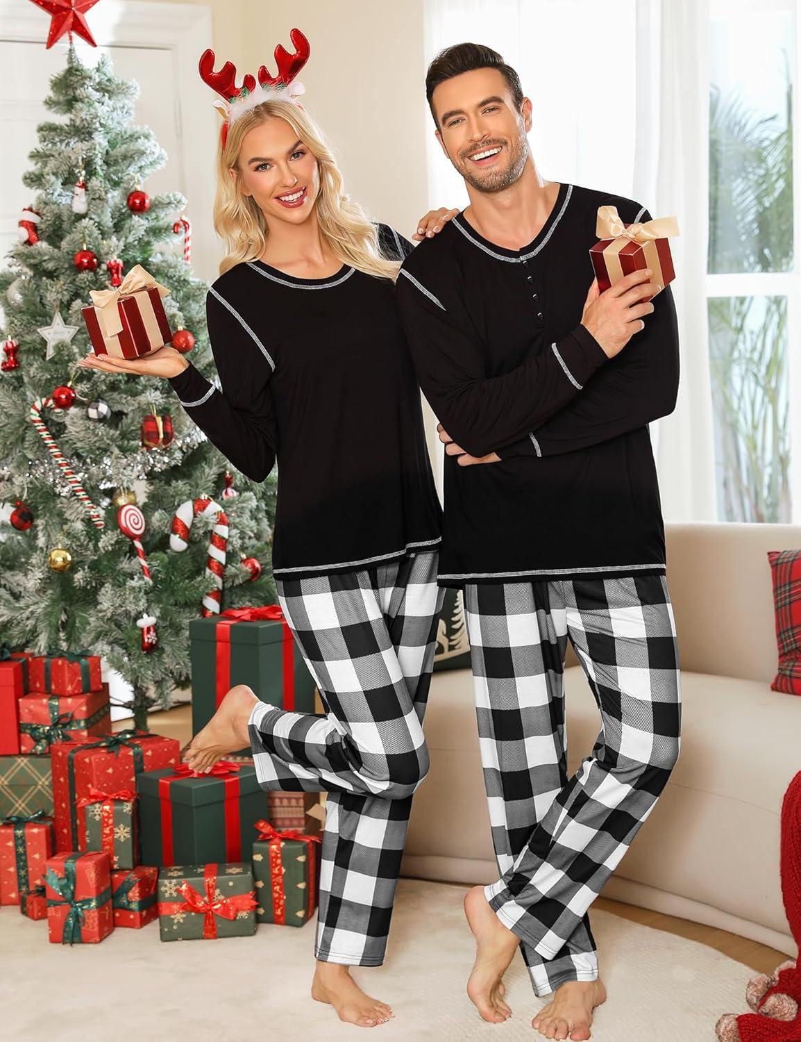imageSWOMOG Couple Christmas Pajamas MEN amp WOMEN Pjs Long Sleeve Top amp Plaid Bottom Soft Sleepwear LoungewearBlack White