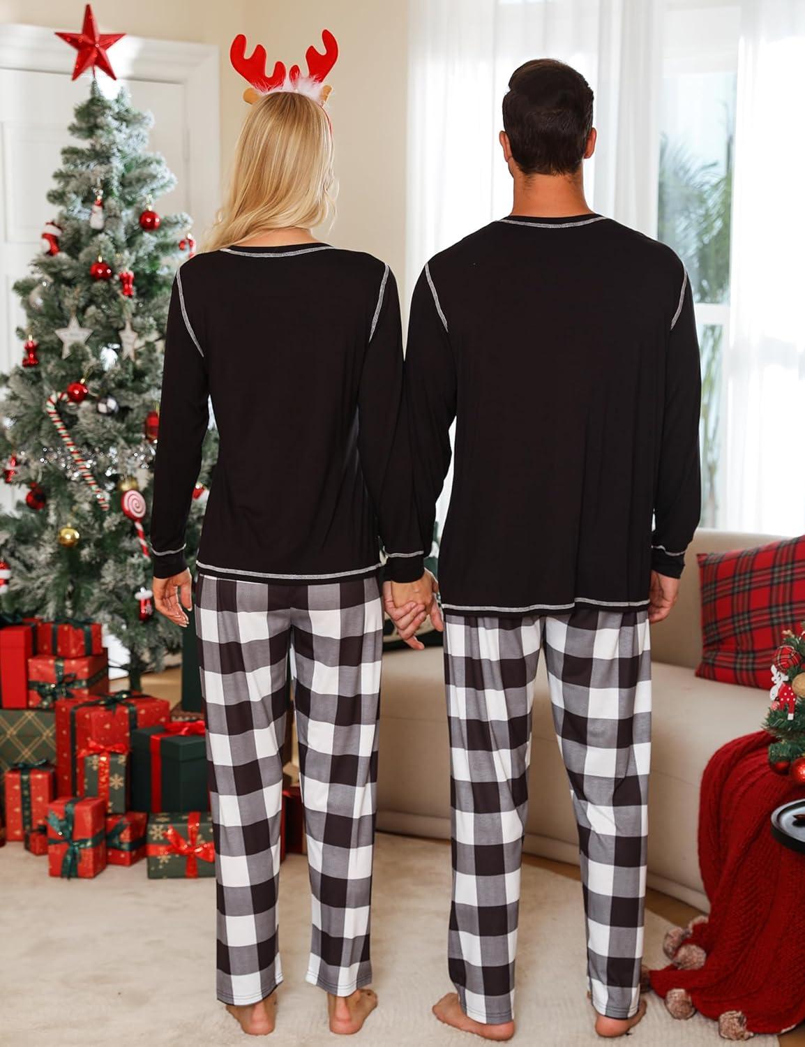 imageSWOMOG Couple Christmas Pajamas MEN amp WOMEN Pjs Long Sleeve Top amp Plaid Bottom Soft Sleepwear LoungewearBlack White