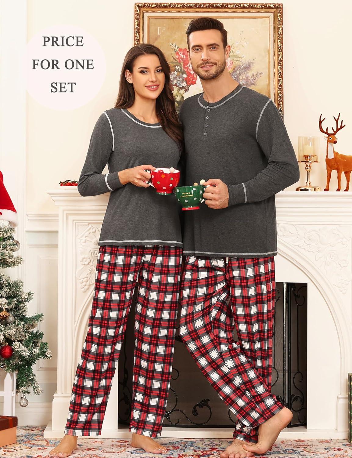 imageSWOMOG Couple Christmas Pajamas MEN amp WOMEN Pjs Long Sleeve Top amp Plaid Bottom Soft Sleepwear LoungewearDeep Grey Red Plaid