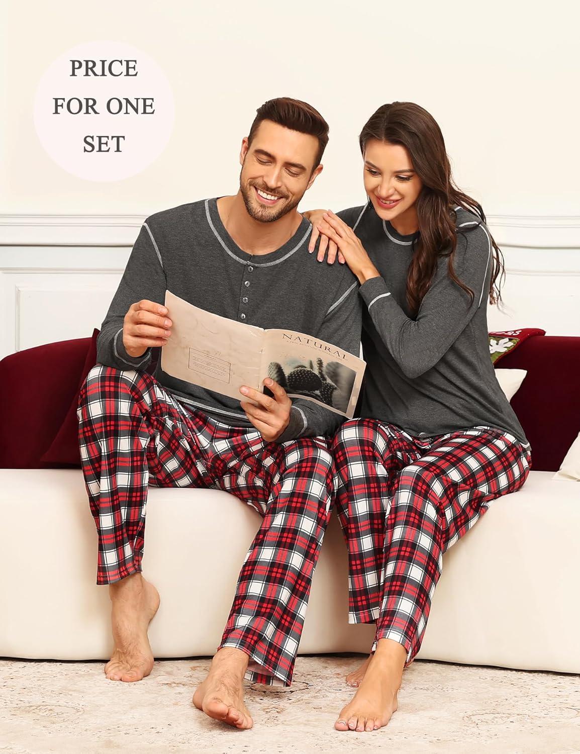 imageSWOMOG Couple Christmas Pajamas MEN amp WOMEN Pjs Long Sleeve Top amp Plaid Bottom Soft Sleepwear LoungewearDeep Grey Red Plaid