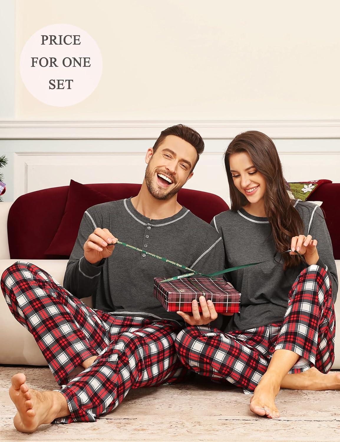 imageSWOMOG Couple Christmas Pajamas MEN amp WOMEN Pjs Long Sleeve Top amp Plaid Bottom Soft Sleepwear LoungewearDeep Grey Red Plaid