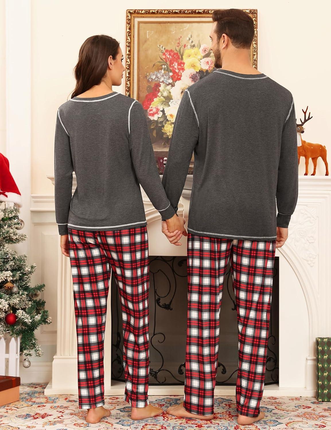 imageSWOMOG Couple Christmas Pajamas MEN amp WOMEN Pjs Long Sleeve Top amp Plaid Bottom Soft Sleepwear LoungewearDeep Grey Red Plaid