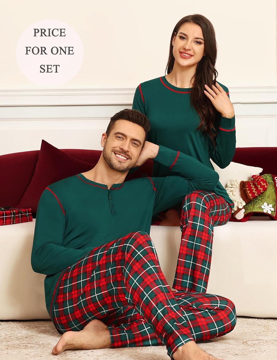 imageSWOMOG Couple Christmas Pajamas MEN amp WOMEN Pjs Long Sleeve Top amp Plaid Bottom Soft Sleepwear LoungewearEmerald Green