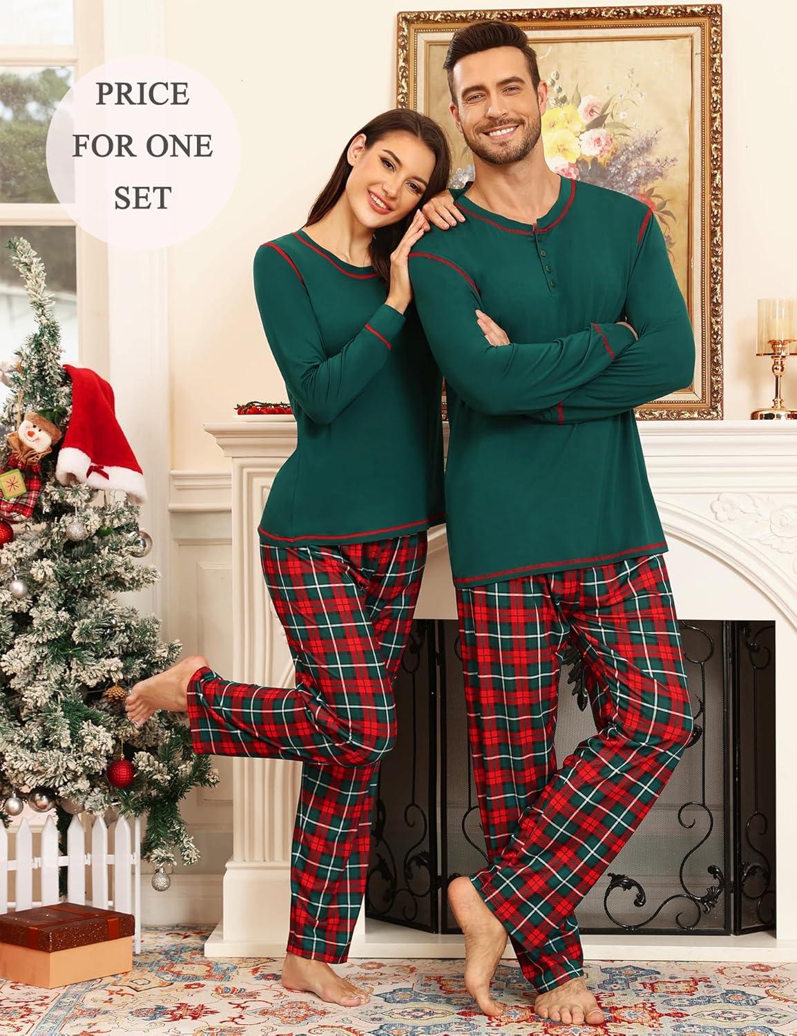 imageSWOMOG Couple Christmas Pajamas MEN amp WOMEN Pjs Long Sleeve Top amp Plaid Bottom Soft Sleepwear LoungewearEmerald Green