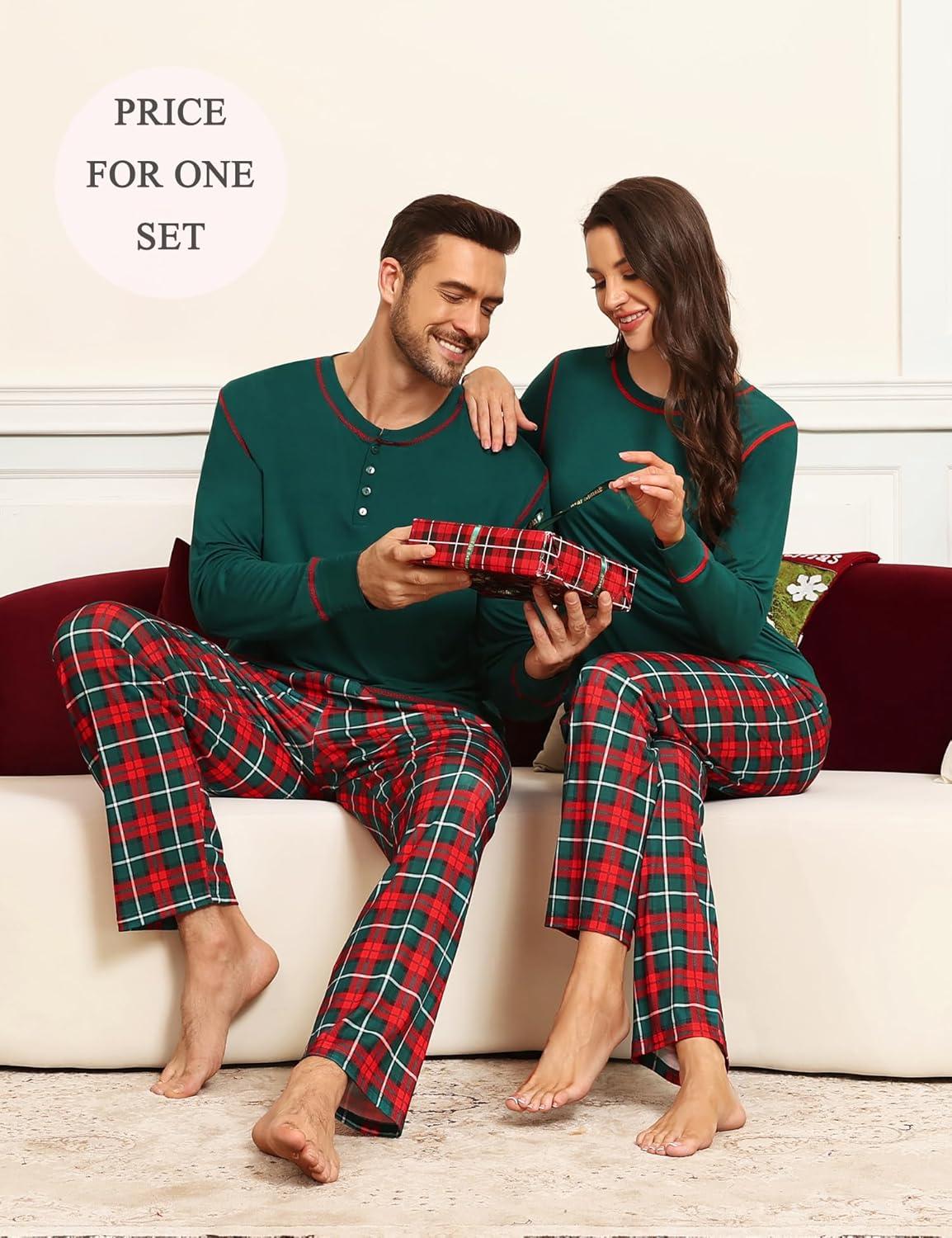 imageSWOMOG Couple Christmas Pajamas MEN amp WOMEN Pjs Long Sleeve Top amp Plaid Bottom Soft Sleepwear LoungewearEmerald Green