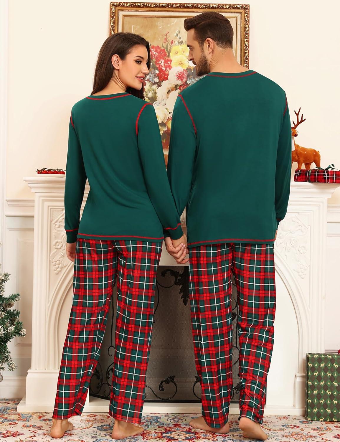 imageSWOMOG Couple Christmas Pajamas MEN amp WOMEN Pjs Long Sleeve Top amp Plaid Bottom Soft Sleepwear LoungewearEmerald Green