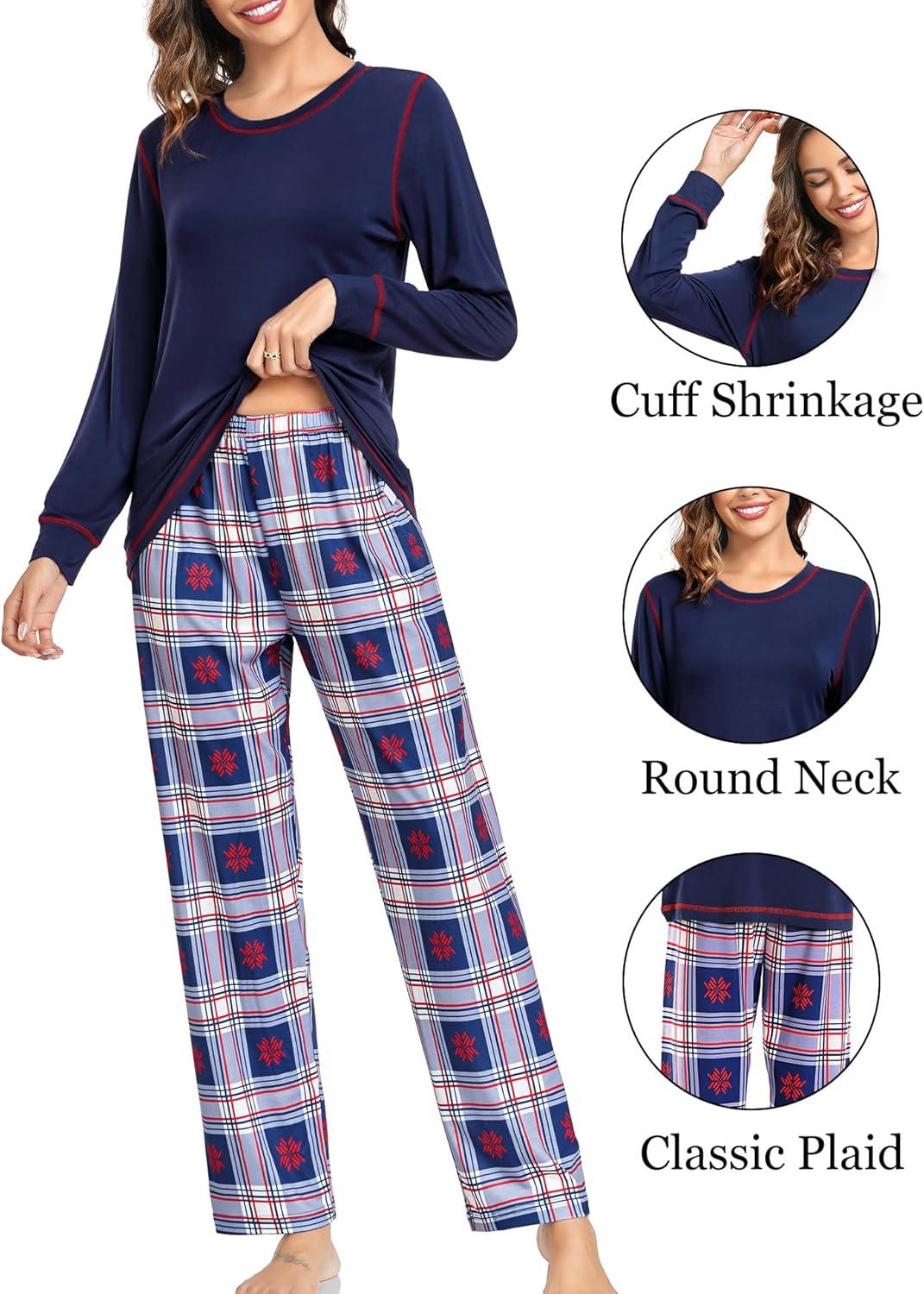 imageSWOMOG Couple Christmas Pajamas MEN amp WOMEN Pjs Long Sleeve Top amp Plaid Bottom Soft Sleepwear LoungewearNavy Blue