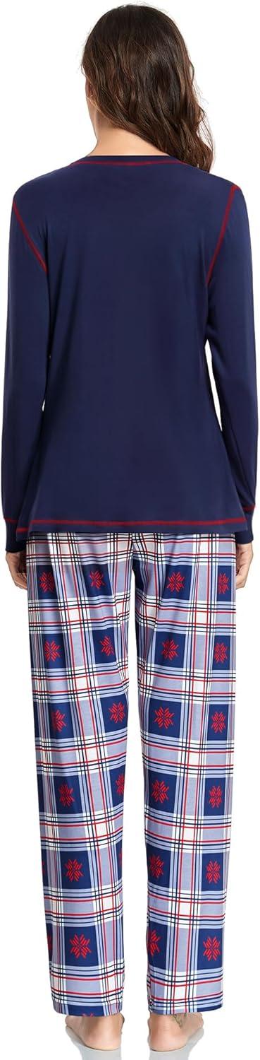 imageSWOMOG Couple Christmas Pajamas MEN amp WOMEN Pjs Long Sleeve Top amp Plaid Bottom Soft Sleepwear LoungewearNavy Blue