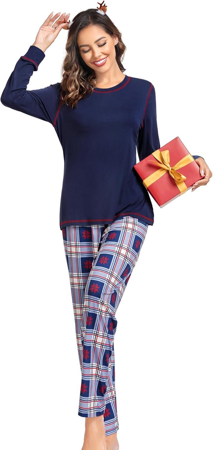 imageSWOMOG Couple Christmas Pajamas MEN amp WOMEN Pjs Long Sleeve Top amp Plaid Bottom Soft Sleepwear LoungewearNavy Blue