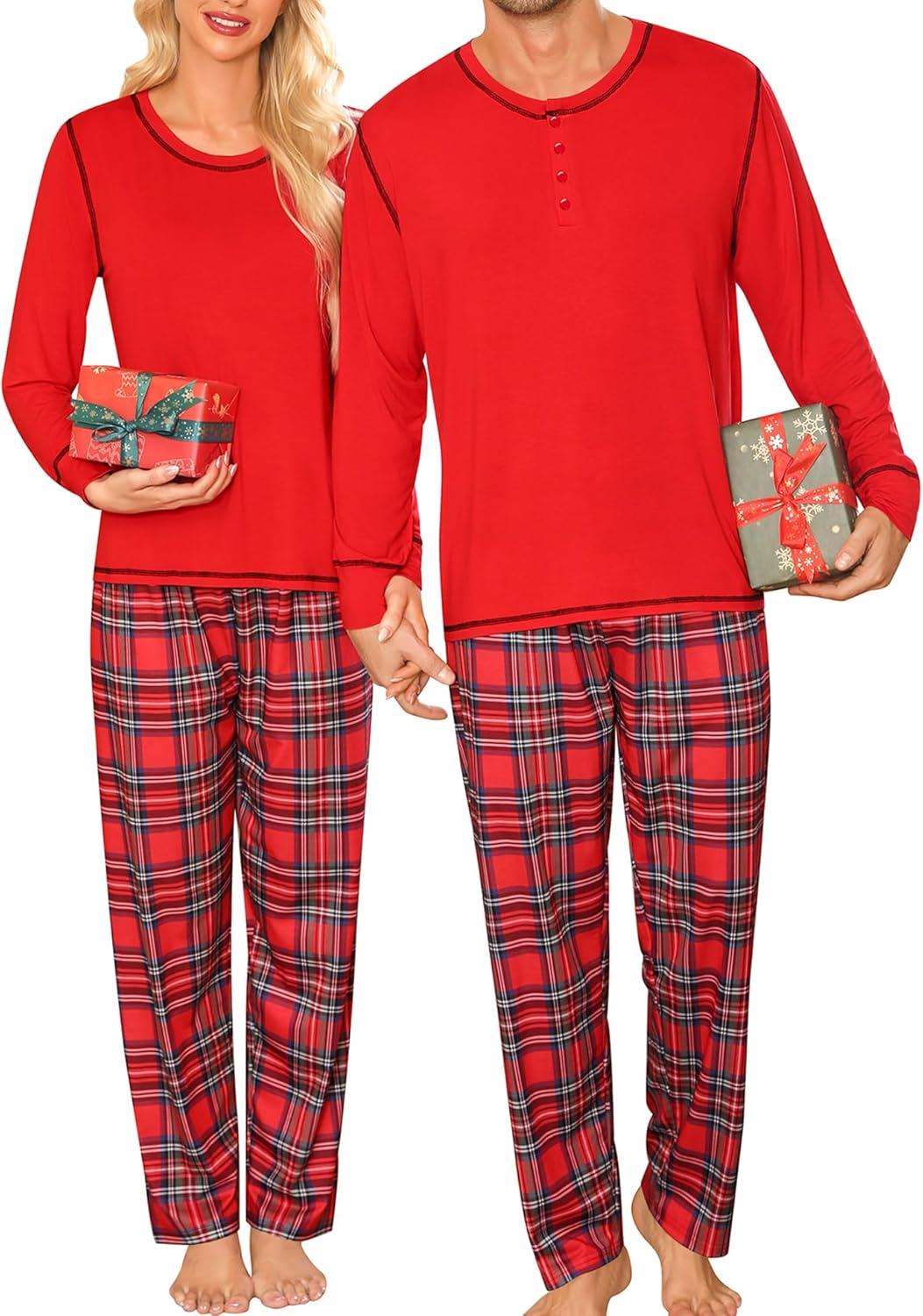imageSWOMOG Couple Christmas Pajamas MEN amp WOMEN Pjs Long Sleeve Top amp Plaid Bottom Soft Sleepwear LoungewearRed
