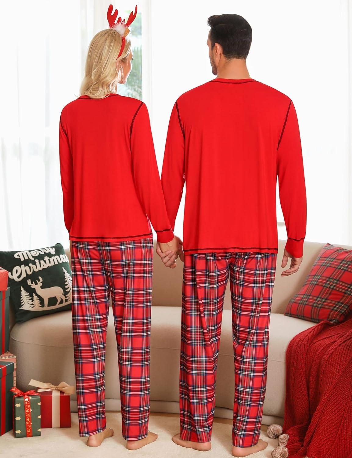 imageSWOMOG Couple Christmas Pajamas MEN amp WOMEN Pjs Long Sleeve Top amp Plaid Bottom Soft Sleepwear LoungewearRed