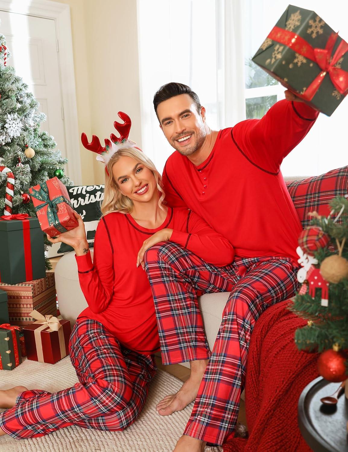 imageSWOMOG Couple Christmas Pajamas MEN amp WOMEN Pjs Long Sleeve Top amp Plaid Bottom Soft Sleepwear LoungewearRed