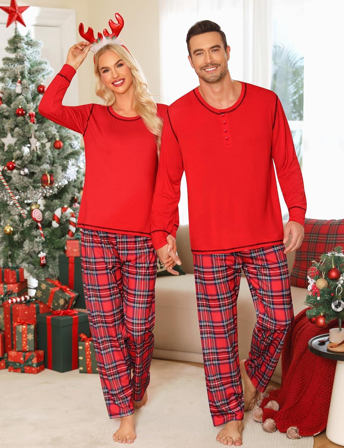 imageSWOMOG Couple Christmas Pajamas MEN amp WOMEN Pjs Long Sleeve Top amp Plaid Bottom Soft Sleepwear LoungewearRed