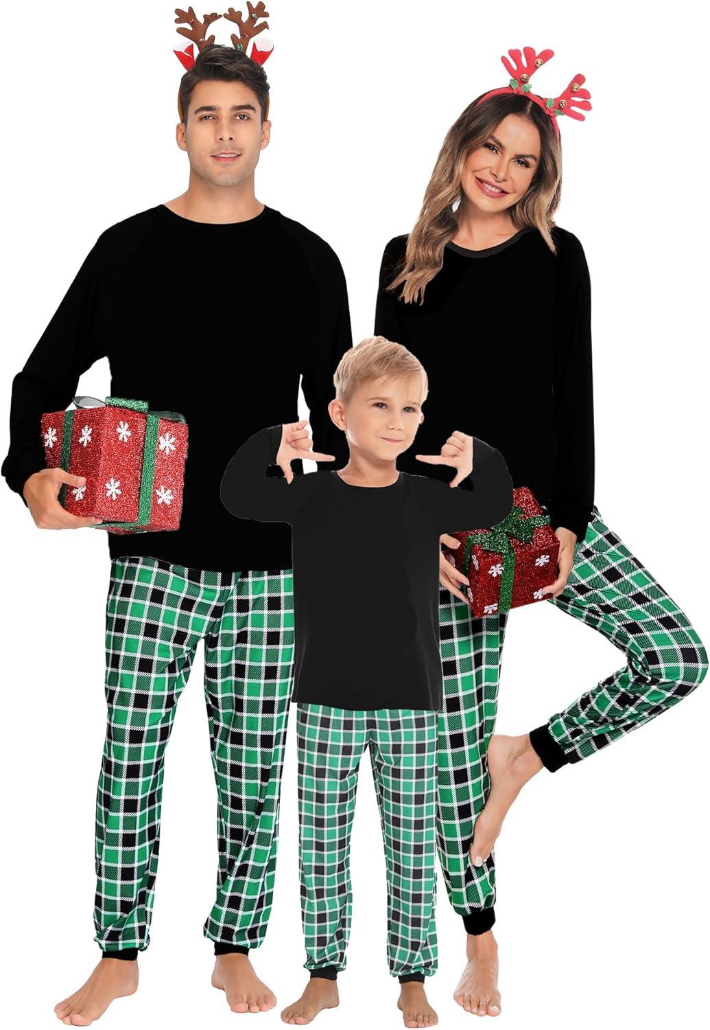 imageSWOMOG Family Christmas Pjs Matching Sets Christmas Pajamas for Family Xmas Jammies Set Christmas Holiday Sleepwear Women and Men Green Black Plaid XLarge