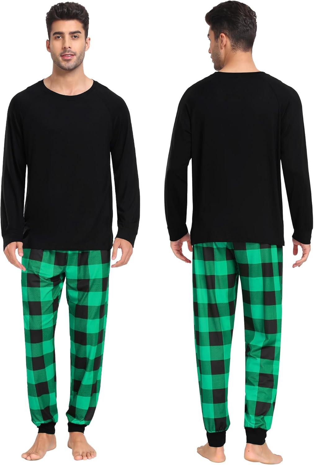 imageSWOMOG Family Christmas Pjs Matching Sets Christmas Pajamas for Family Xmas Jammies Set Christmas Holiday Sleepwear Women and Men Green Black Plaid XLarge