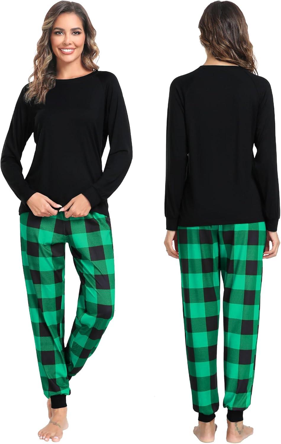 imageSWOMOG Family Christmas Pjs Matching Sets Christmas Pajamas for Family Xmas Jammies Set Christmas Holiday Sleepwear Women and Men Green Black Plaid XLarge