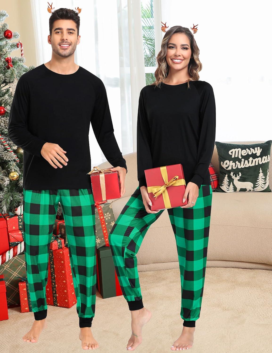 imageSWOMOG Family Christmas Pjs Matching Sets Christmas Pajamas for Family Xmas Jammies Set Christmas Holiday Sleepwear Women and Men Green Black Plaid XLarge