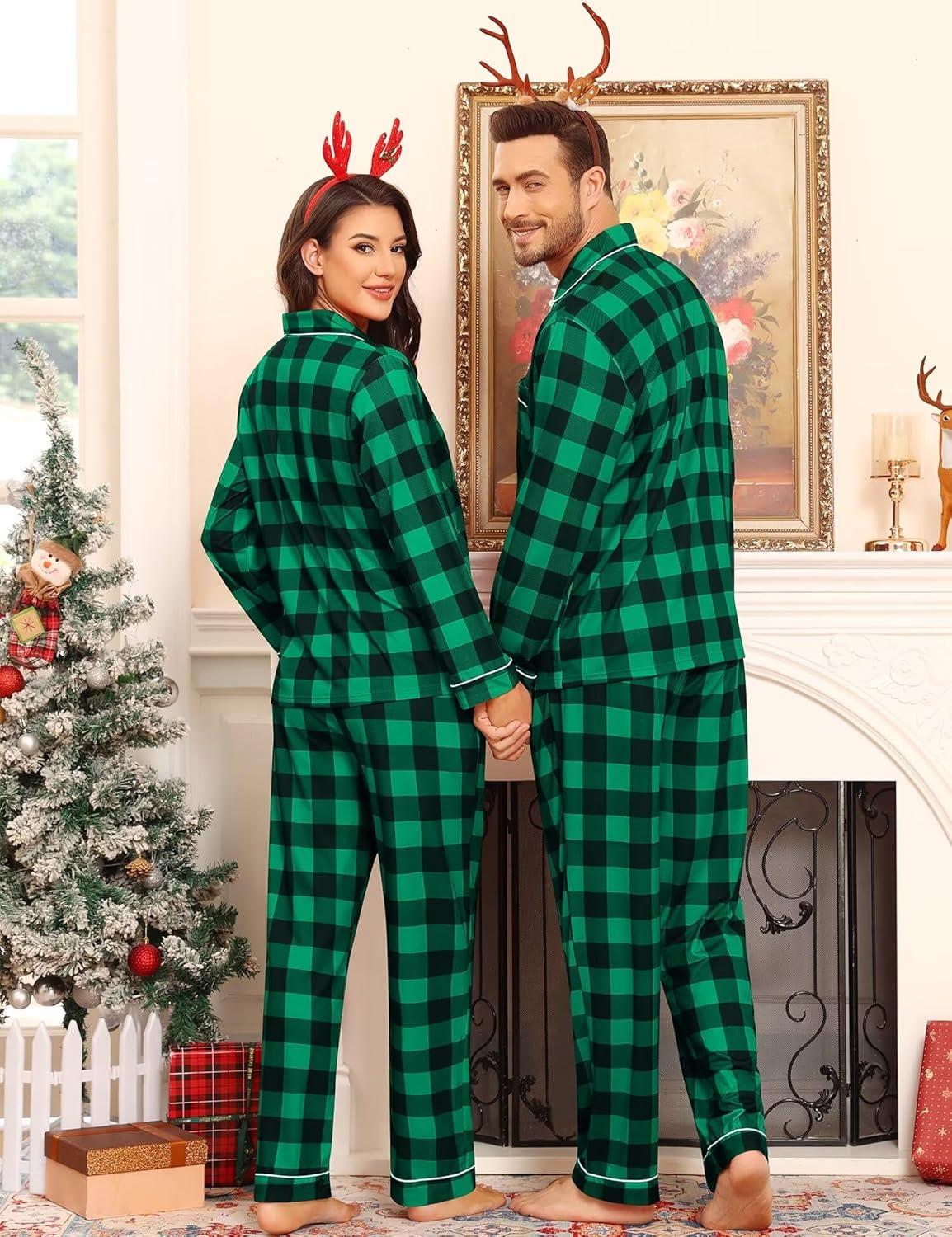 imageSWOMOG Matching Family Pajama Set Couple Christmas Printed Sleepwear Xmas Long Sleeve Lounge Set Men amp Women Pjs SetBlack Green Plaid