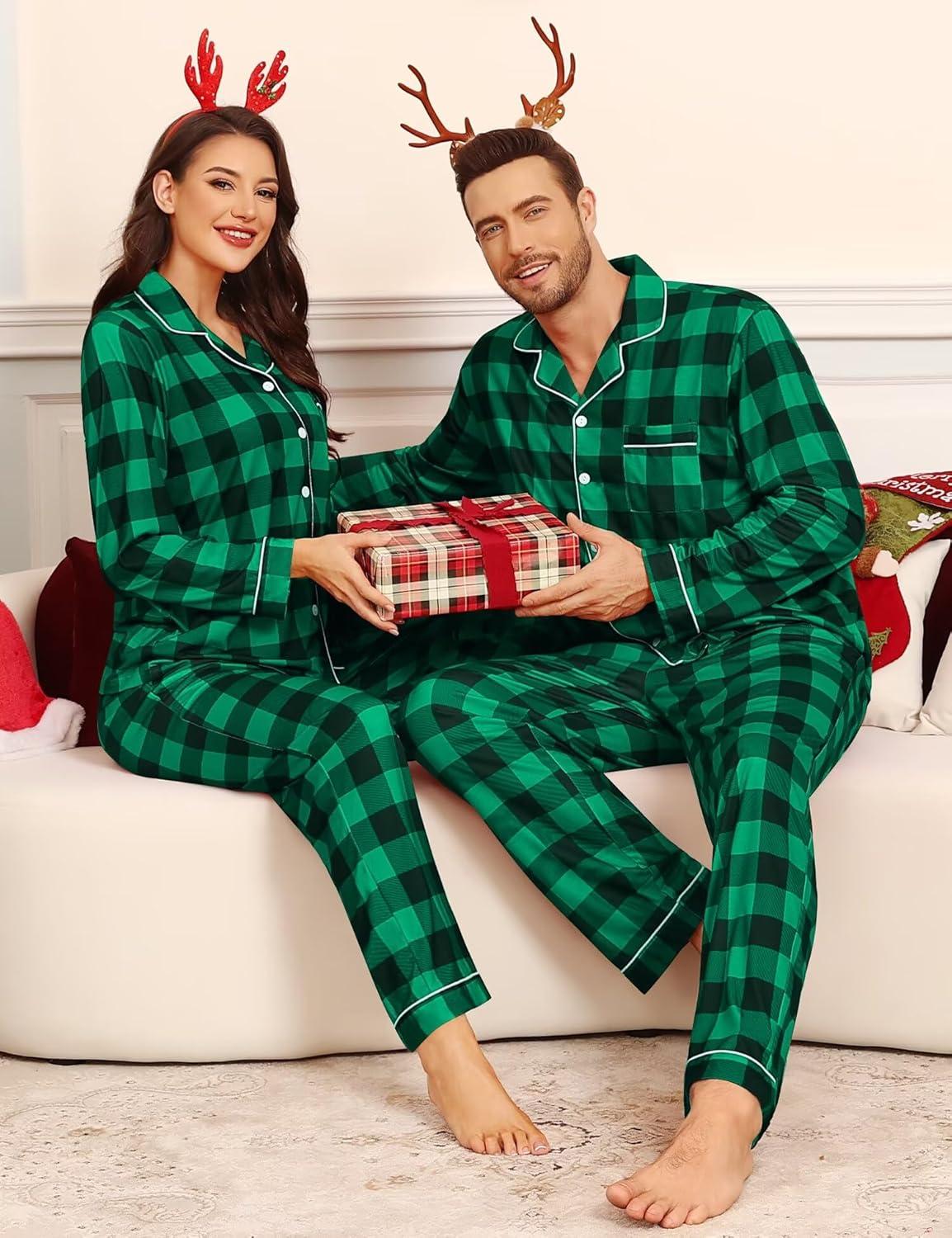 imageSWOMOG Matching Family Pajama Set Couple Christmas Printed Sleepwear Xmas Long Sleeve Lounge Set Men amp Women Pjs SetBlack Green Plaid
