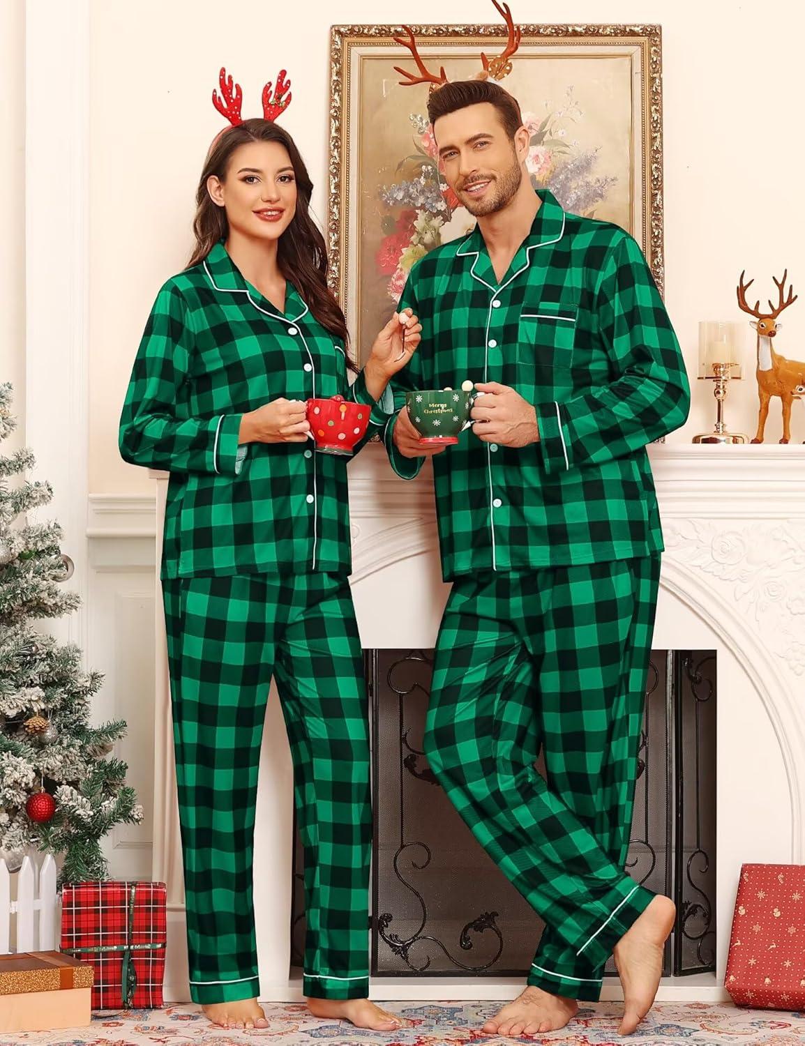 imageSWOMOG Matching Family Pajama Set Couple Christmas Printed Sleepwear Xmas Long Sleeve Lounge Set Men amp Women Pjs SetBlack Green Plaid