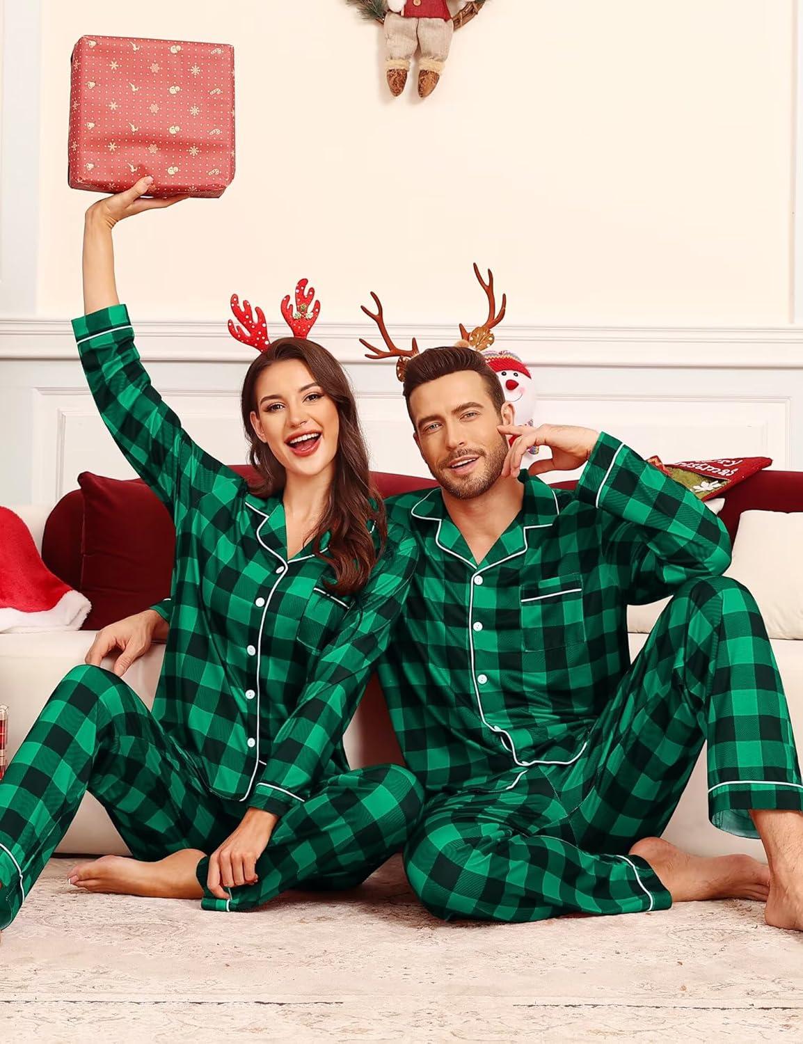 imageSWOMOG Matching Family Pajama Set Couple Christmas Printed Sleepwear Xmas Long Sleeve Lounge Set Men amp Women Pjs SetBlack Green Plaid
