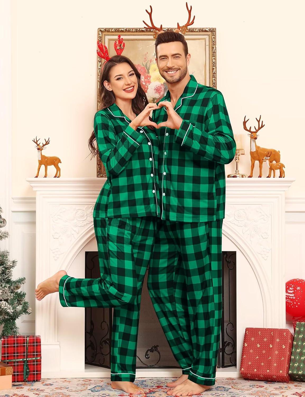 imageSWOMOG Matching Family Pajama Set Couple Christmas Printed Sleepwear Xmas Long Sleeve Lounge Set Men amp Women Pjs SetBlack Green Plaid