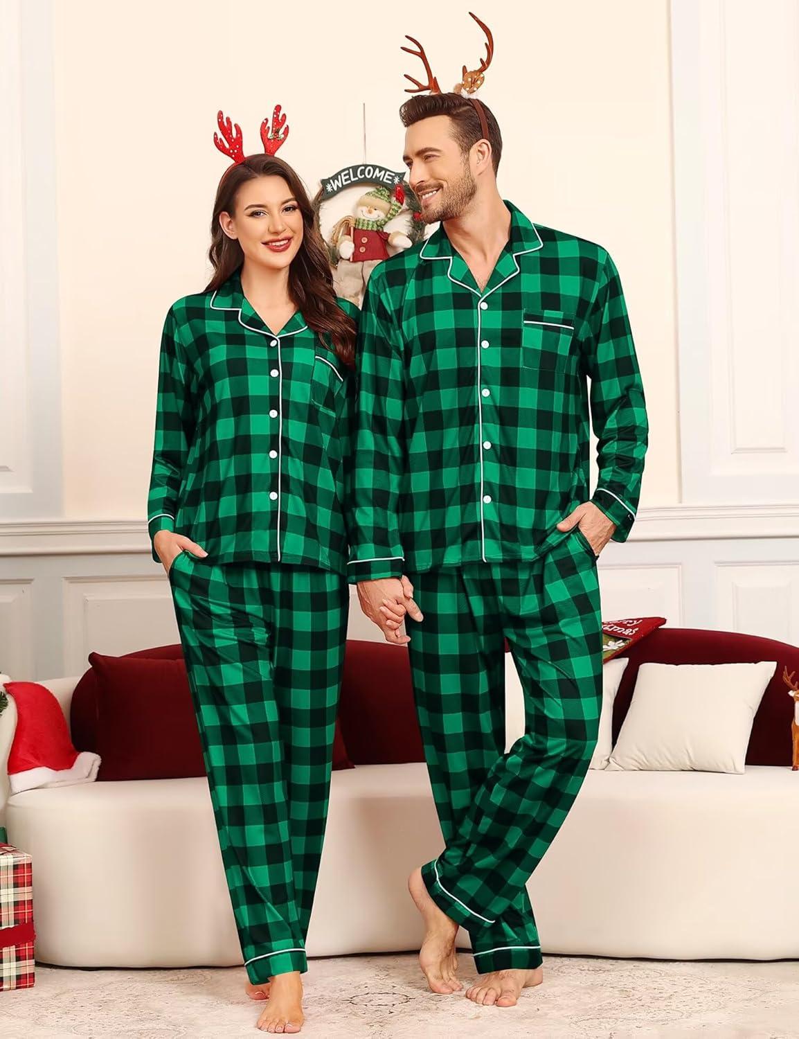 imageSWOMOG Matching Family Pajama Set Couple Christmas Printed Sleepwear Xmas Long Sleeve Lounge Set Men amp Women Pjs SetBlack Green Plaid