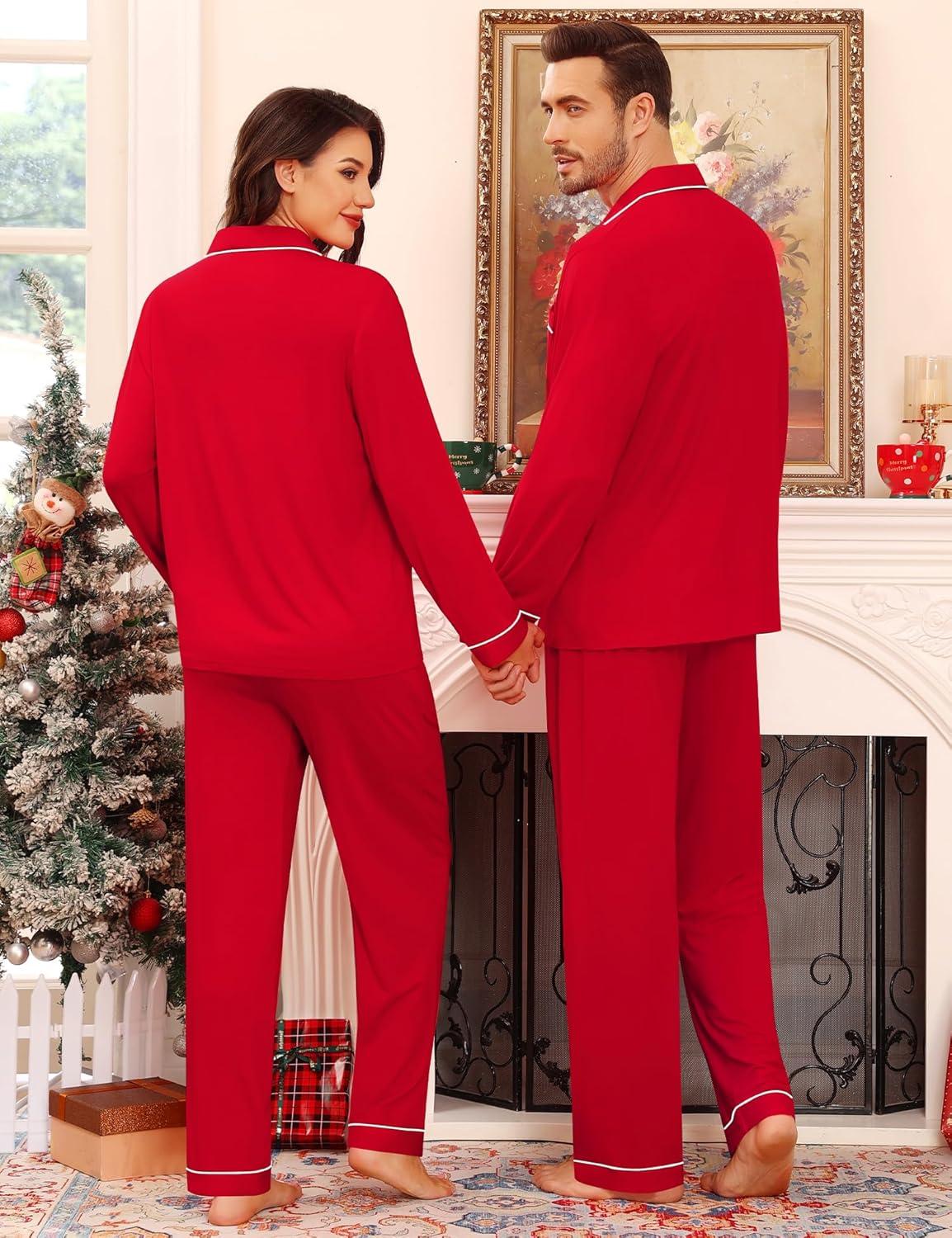 imageSWOMOG Matching Family Pajama Set Couple Christmas Printed Sleepwear Xmas Long Sleeve Lounge Set Men amp Women Pjs SetRed