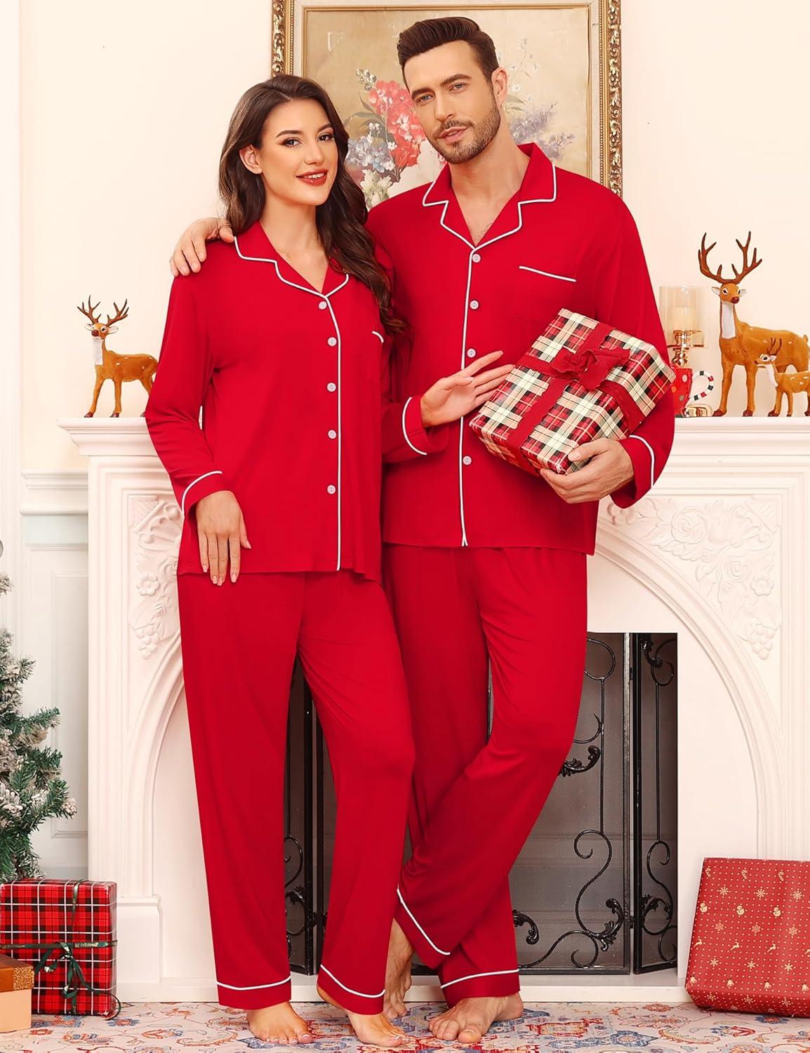 imageSWOMOG Matching Family Pajama Set Couple Christmas Printed Sleepwear Xmas Long Sleeve Lounge Set Men amp Women Pjs SetRed