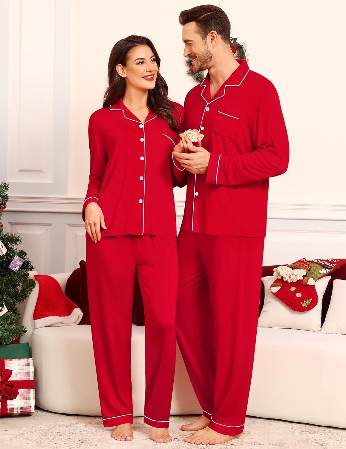 imageSWOMOG Matching Family Pajama Set Couple Christmas Printed Sleepwear Xmas Long Sleeve Lounge Set Men amp Women Pjs SetRed