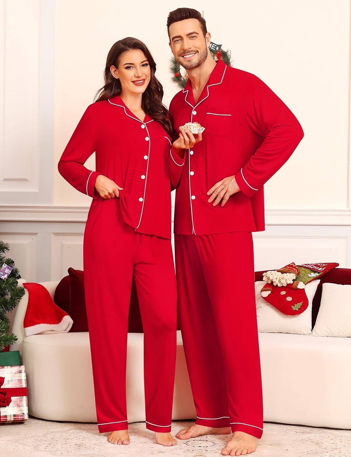 imageSWOMOG Matching Family Pajama Set Couple Christmas Printed Sleepwear Xmas Long Sleeve Lounge Set Men amp Women Pjs SetRed