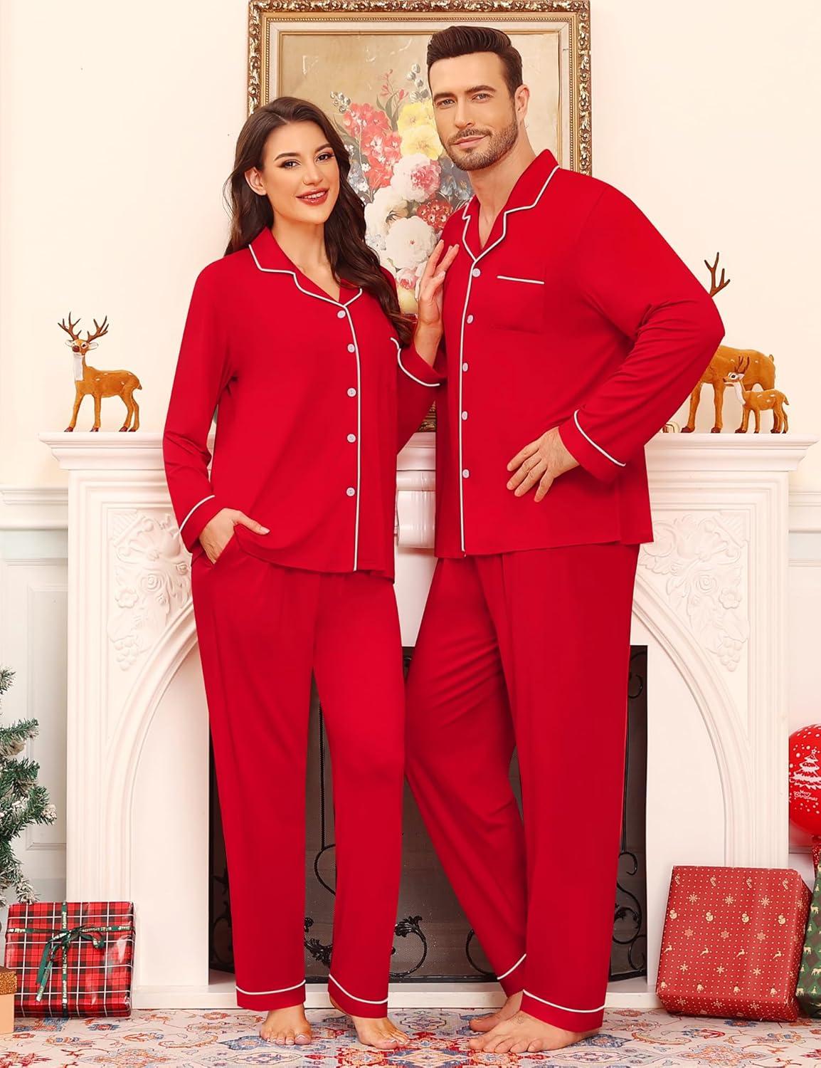 imageSWOMOG Matching Family Pajama Set Couple Christmas Printed Sleepwear Xmas Long Sleeve Lounge Set Men amp Women Pjs SetRed