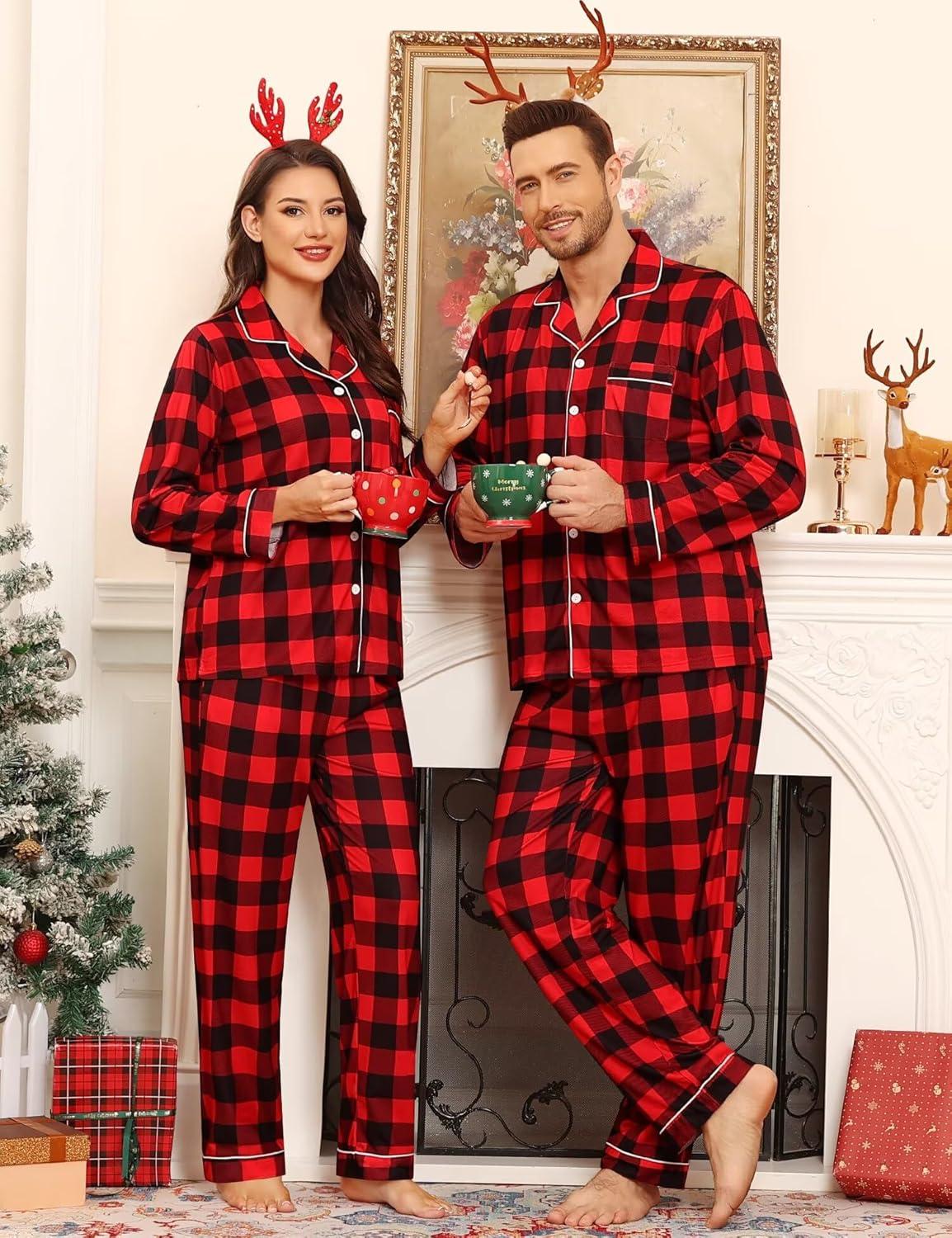 imageSWOMOG Matching Family Pajama Set Couple Christmas Printed Sleepwear Xmas Long Sleeve Lounge Set Men amp Women Pjs SetRed Black Plaid