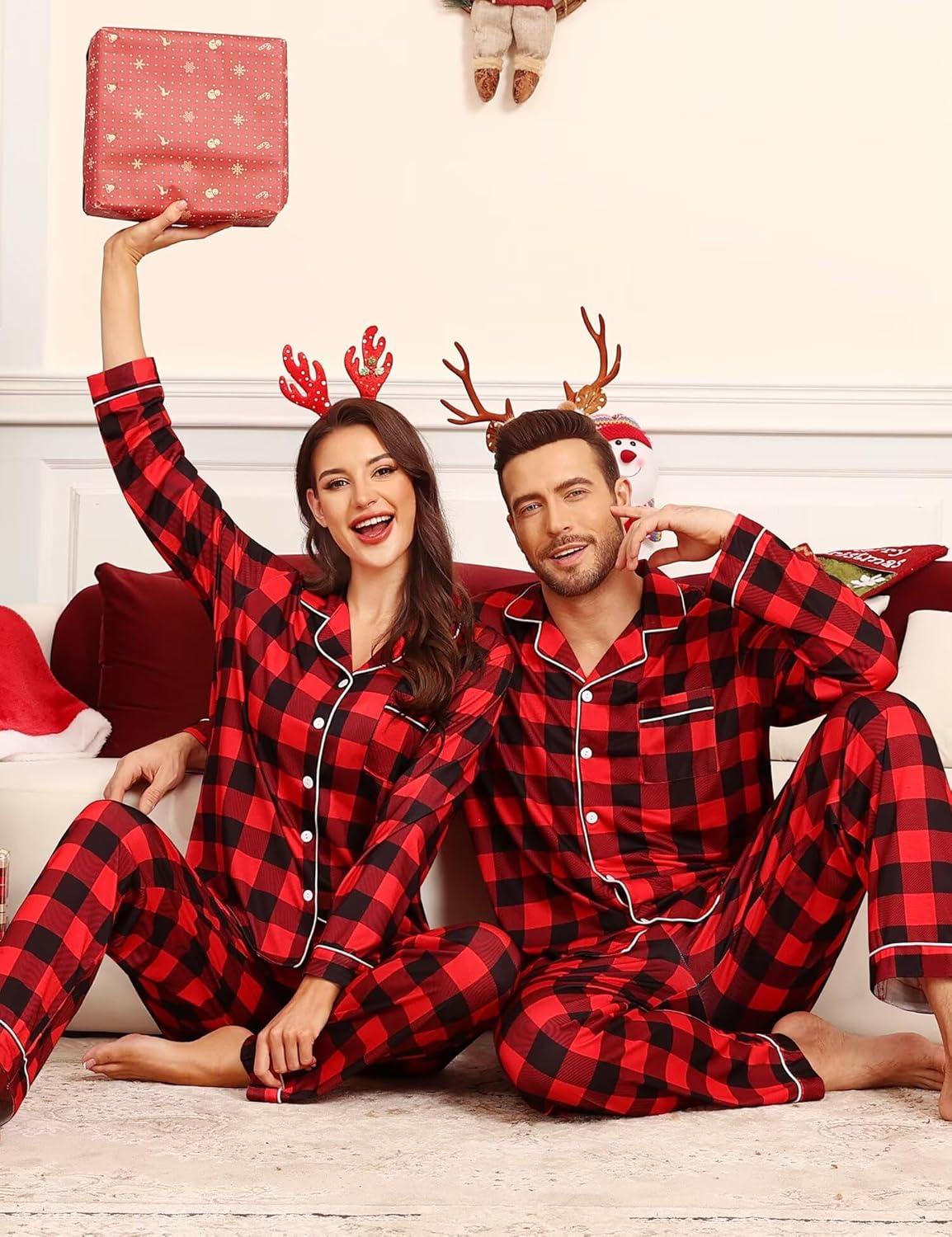 imageSWOMOG Matching Family Pajama Set Couple Christmas Printed Sleepwear Xmas Long Sleeve Lounge Set Men amp Women Pjs SetRed Black Plaid