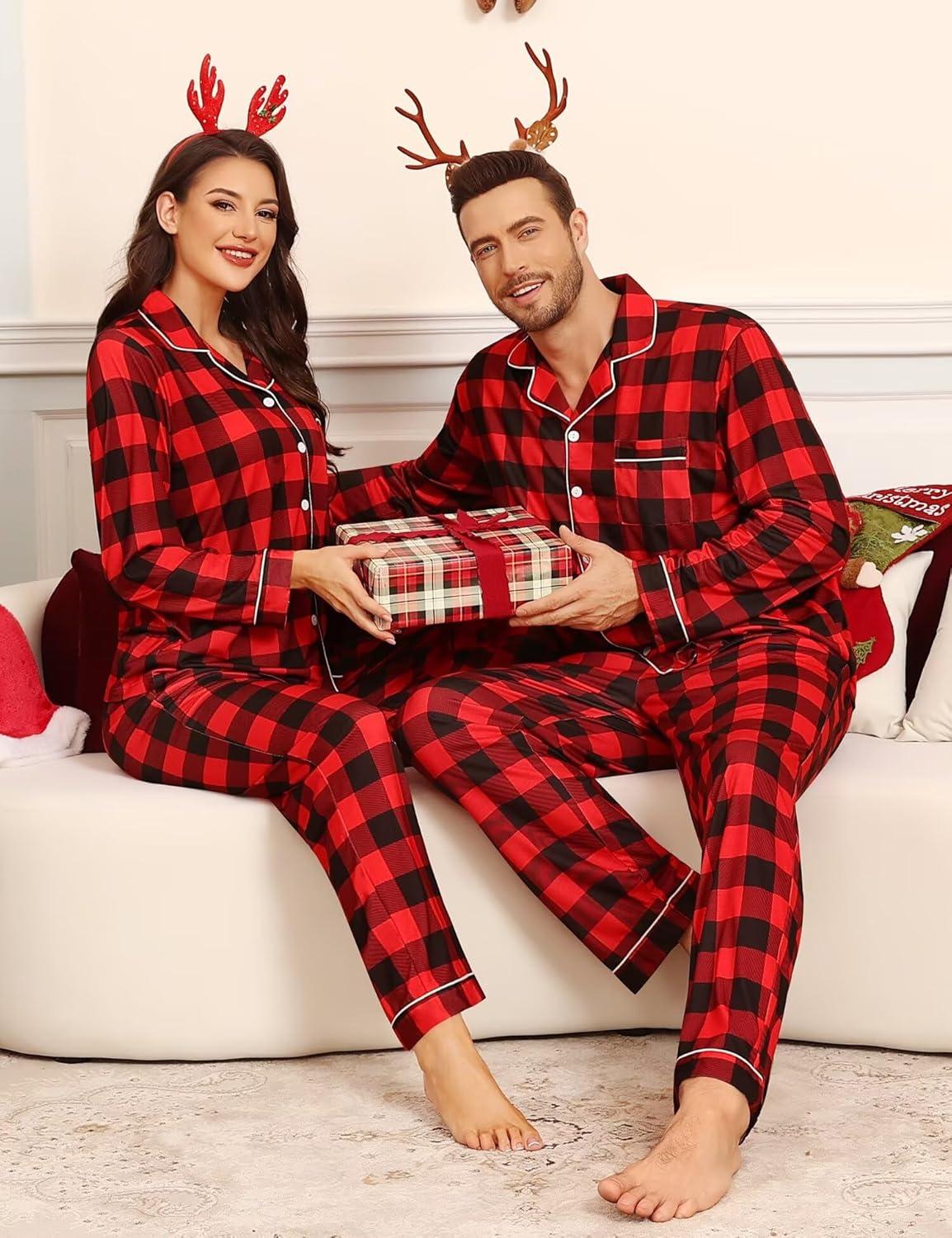 imageSWOMOG Matching Family Pajama Set Couple Christmas Printed Sleepwear Xmas Long Sleeve Lounge Set Men amp Women Pjs SetRed Black Plaid