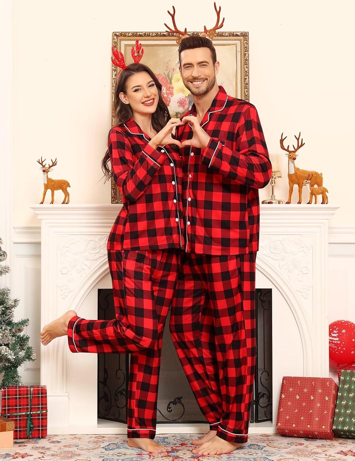 imageSWOMOG Matching Family Pajama Set Couple Christmas Printed Sleepwear Xmas Long Sleeve Lounge Set Men amp Women Pjs SetRed Black Plaid