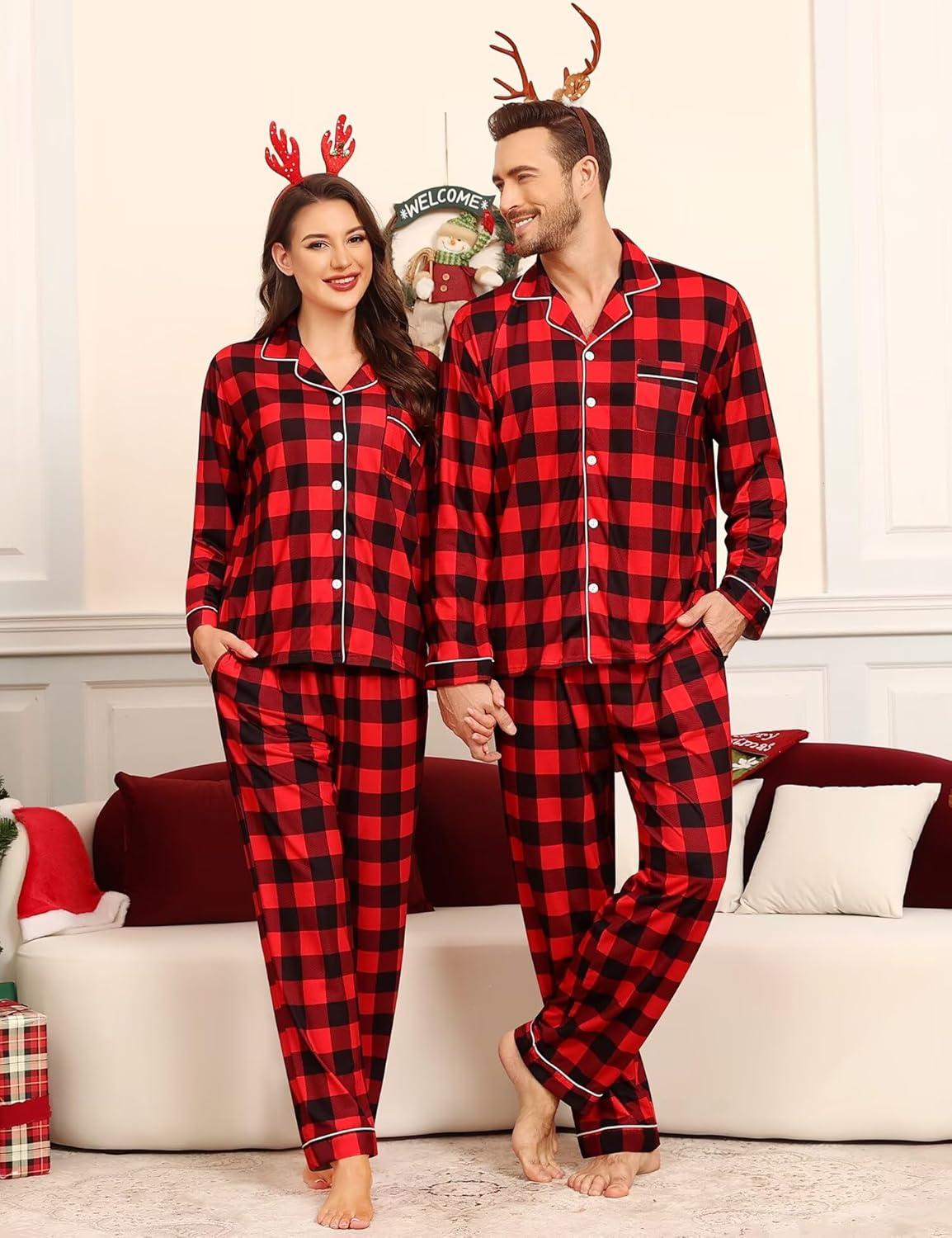 imageSWOMOG Matching Family Pajama Set Couple Christmas Printed Sleepwear Xmas Long Sleeve Lounge Set Men amp Women Pjs SetRed Black Plaid
