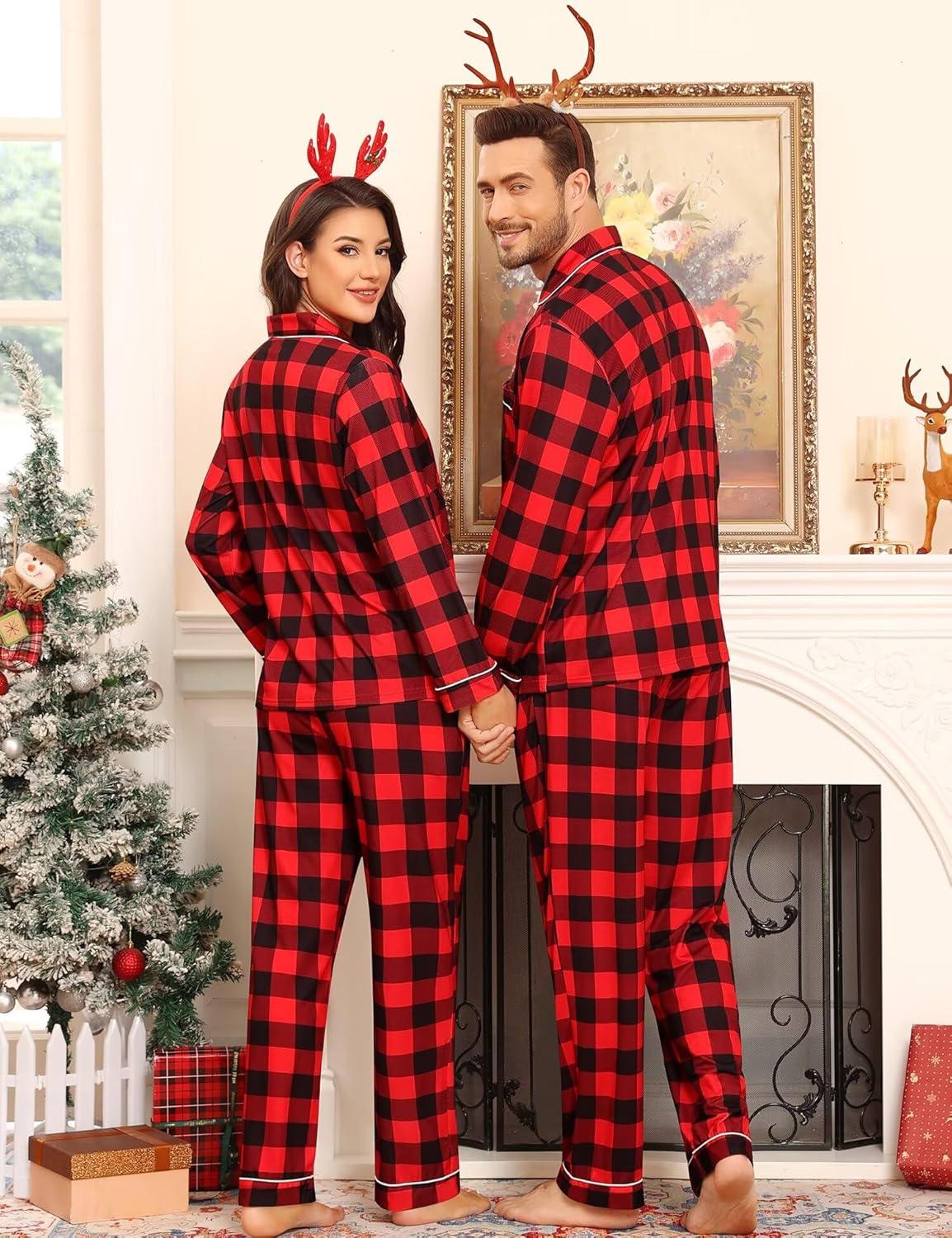 imageSWOMOG Matching Family Pajama Set Couple Christmas Printed Sleepwear Xmas Long Sleeve Lounge Set Men amp Women Pjs SetRed Black Plaid