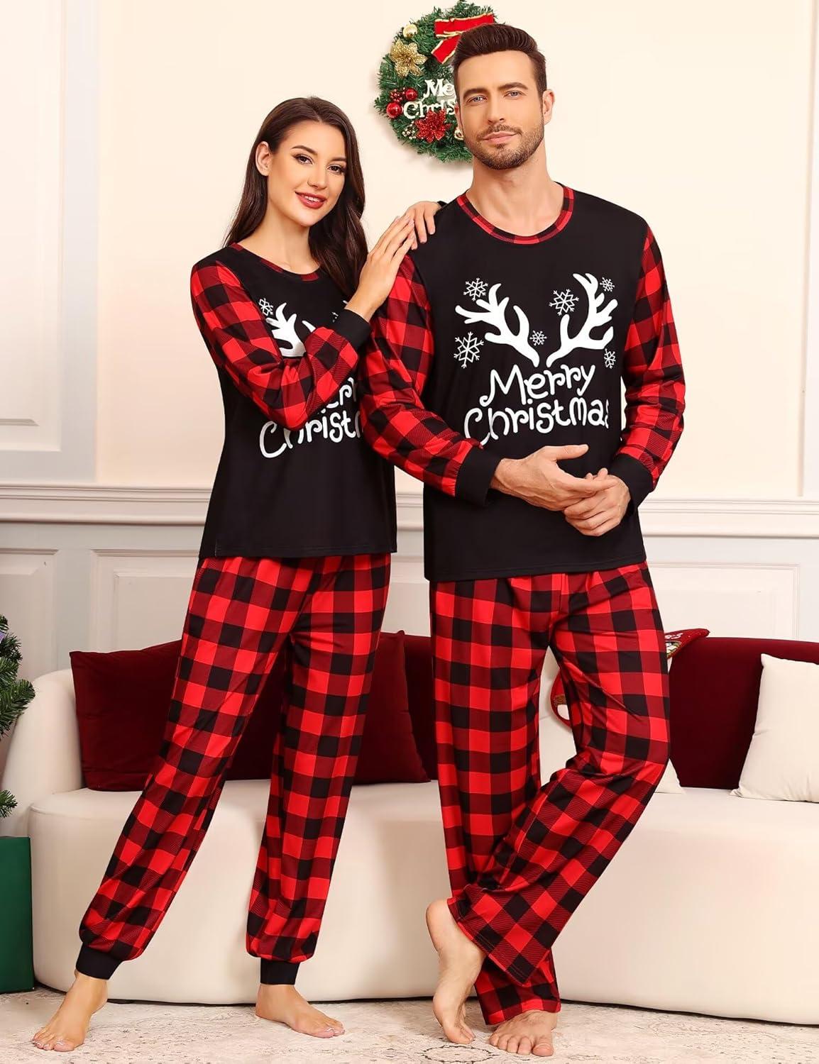 imageSWOMOG Matching Family Pajama Set Couple Christmas Printed Sleepwear Xmas Long Sleeve Lounge Set Men amp Women Pjs SetRed Christmas Elk