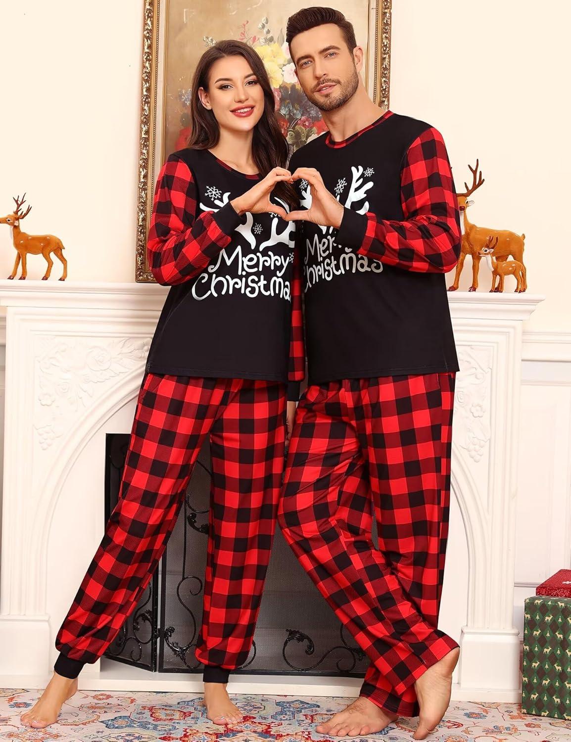 imageSWOMOG Matching Family Pajama Set Couple Christmas Printed Sleepwear Xmas Long Sleeve Lounge Set Men amp Women Pjs SetRed Christmas Elk