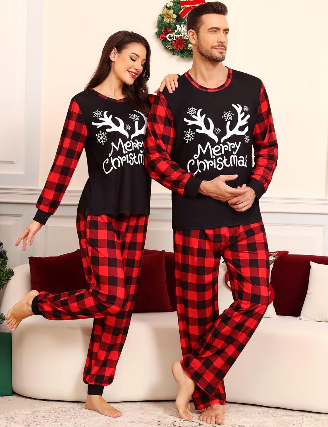 imageSWOMOG Matching Family Pajama Set Couple Christmas Printed Sleepwear Xmas Long Sleeve Lounge Set Men amp Women Pjs SetRed Christmas Elk