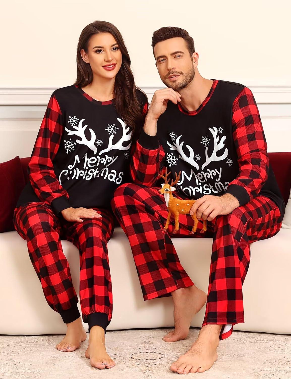 imageSWOMOG Matching Family Pajama Set Couple Christmas Printed Sleepwear Xmas Long Sleeve Lounge Set Men amp Women Pjs SetRed Christmas Elk