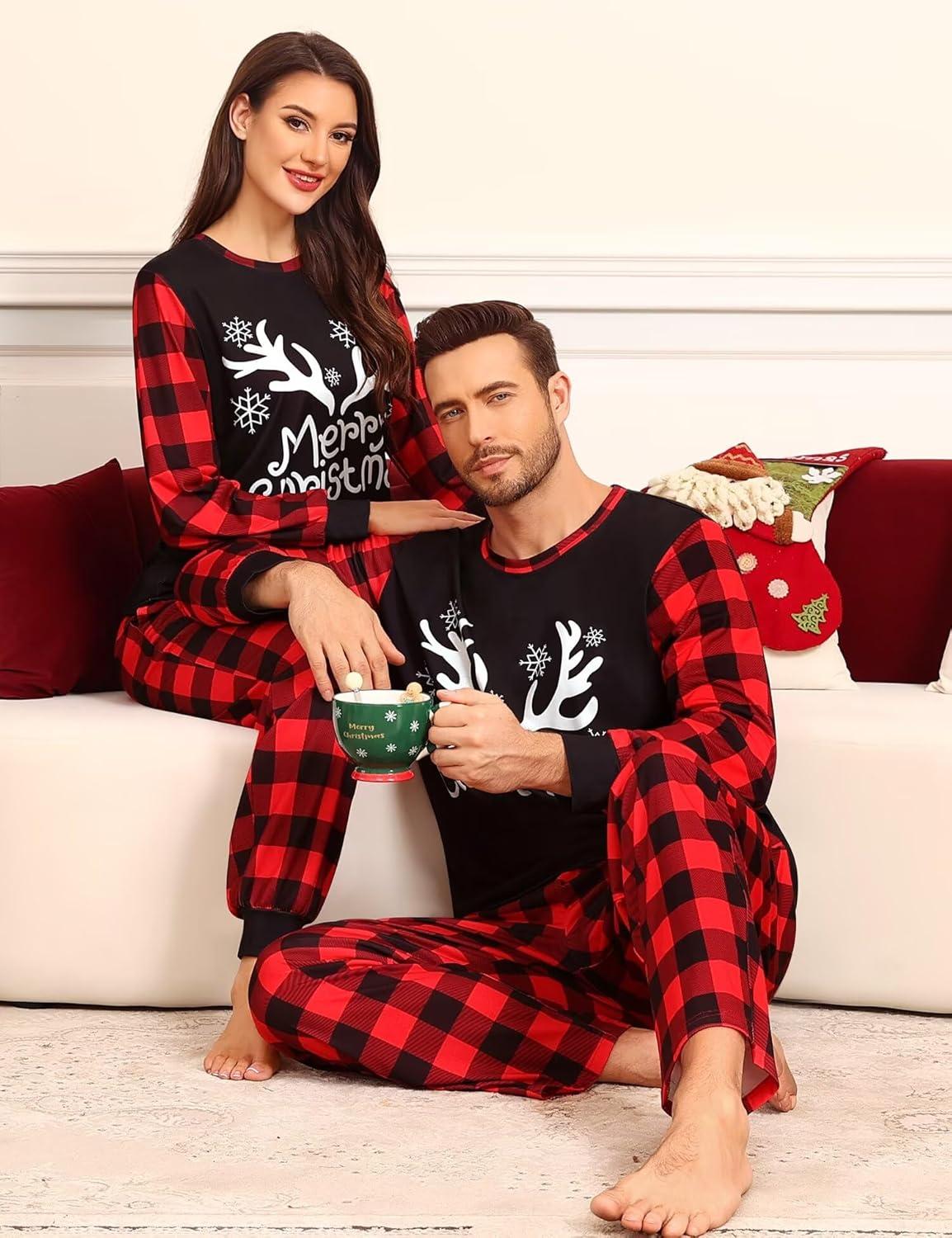 imageSWOMOG Matching Family Pajama Set Couple Christmas Printed Sleepwear Xmas Long Sleeve Lounge Set Men amp Women Pjs SetRed Christmas Elk