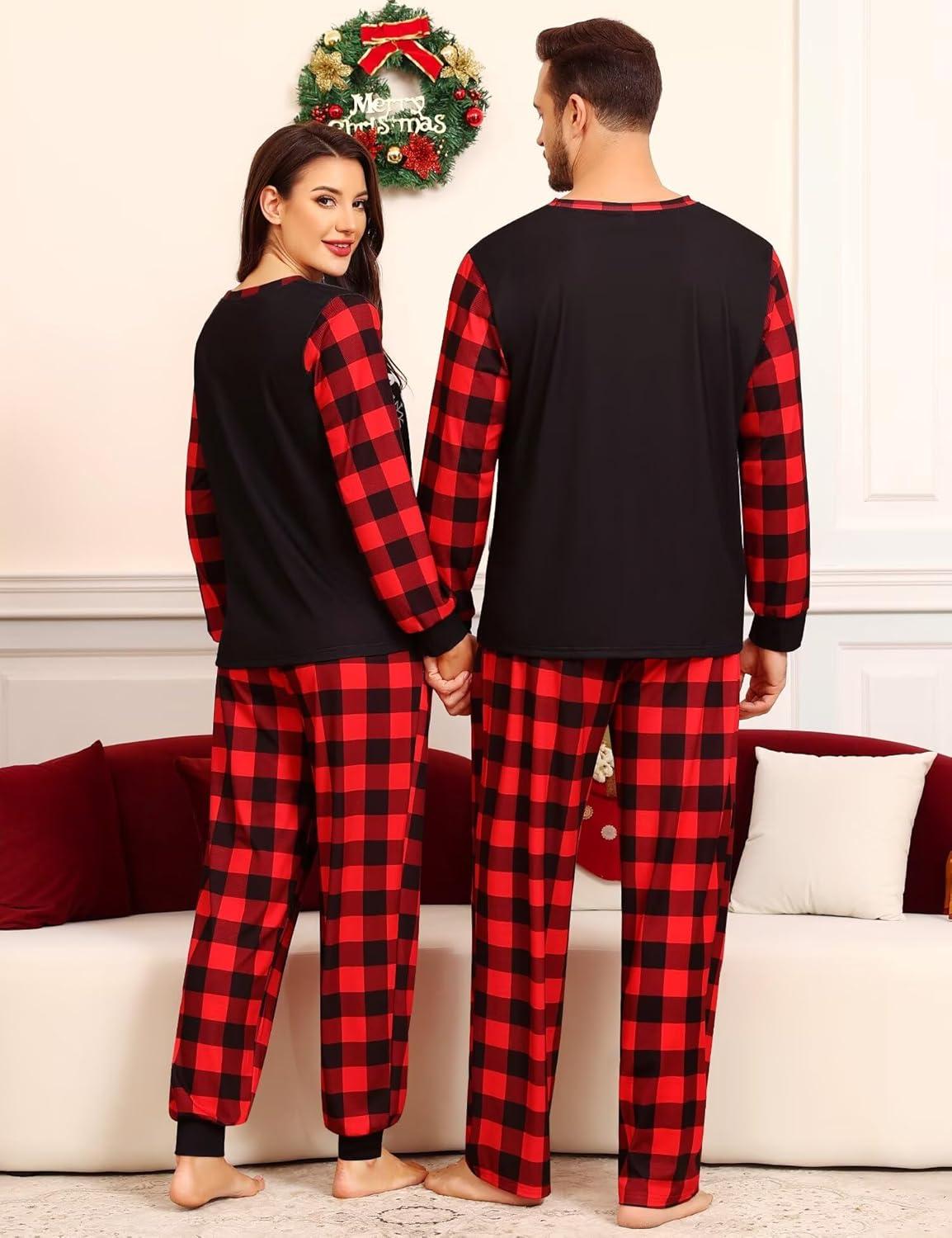 imageSWOMOG Matching Family Pajama Set Couple Christmas Printed Sleepwear Xmas Long Sleeve Lounge Set Men amp Women Pjs SetRed Christmas Elk