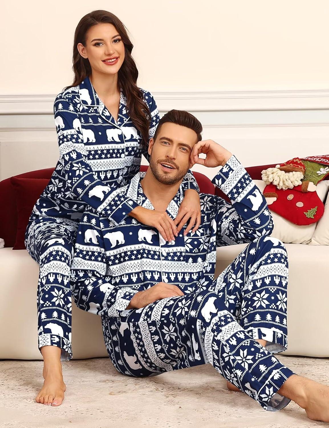 imageSWOMOG Matching Family Pajama Set Couple Christmas Printed Sleepwear Xmas Long Sleeve Lounge Set Men amp Women Pjs SetSnow Hatbuttons